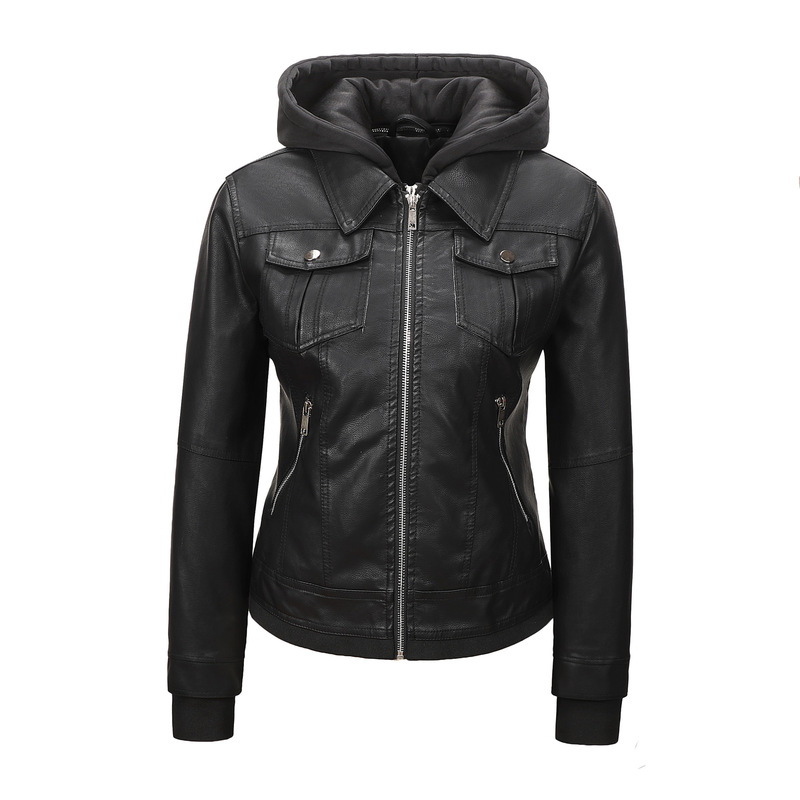 New Women's Hooded Pu Leather Jacket with Detachable Hood, Motorcycle Jacket, Waist-Cinching, Slimming, Cross-Border Faux Leather Coat New Women's Hooded Pu Leather Jacket with Detachable Hood, Motorcycle Jacket, Waist-Cinching, Slimming, Cross-Border Faux Leather Coat