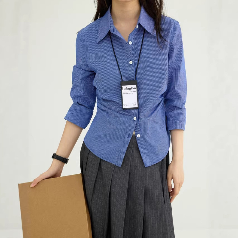 Lalaglo Fashionable Preppy Retro Pleated Long-Sleeve Shirt for Women, Autumn Waist-Cinching Slimming Top