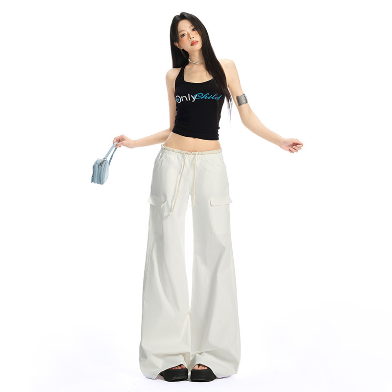 American-style overalls women's elastic waist drawstring multi-pocket design sense casual versatile low waist wide leg pants 25thootd American-style overalls women's elastic waist drawstring multi-pocket design sense casual versatile low waist wide leg pants 25thootd