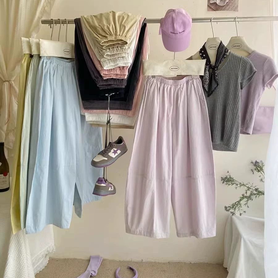 Непринужденные и ленивые широкие брюки из ледяного кислородного хлопка с фонариком и воздушным шаром для женщин, летние свободные утягивающие повседневные брюки с цветочным бутоном девяти точек