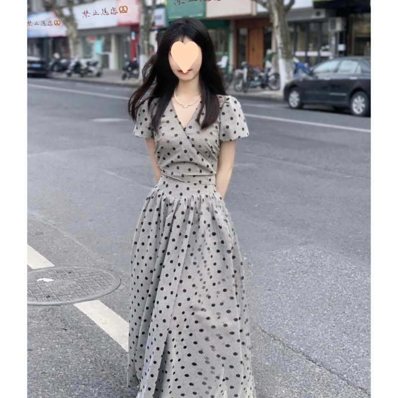 フレンチレトロ水玉スーツ女性の夏の 2025 新しいパフスリーブカラートップハイウエストスリムスカートトレンディ|undefined