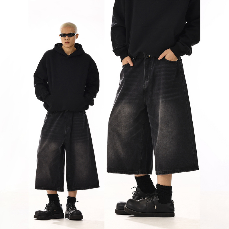 American Retro Washed Silhouette Casual Shorts Men's Summer New Street Loose Couple Straight Cropped Jeans