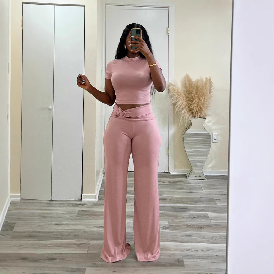 High Elasticity Slimming Wide Leg Pants Set High Waisted Twisted Two Piece Set Solid Color European And American Style Summer Wear For Women D10129_voghion.com