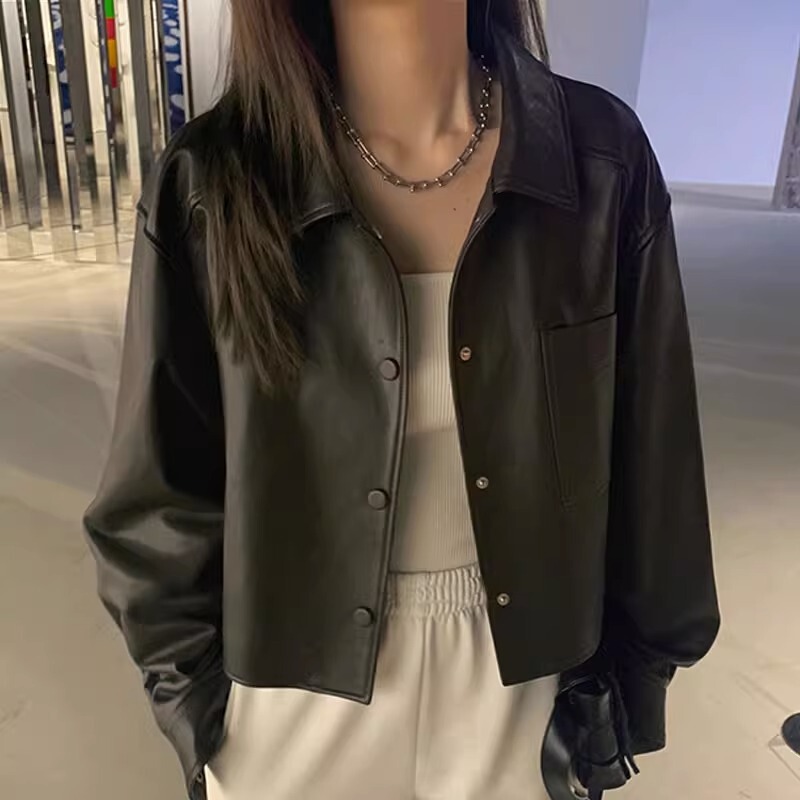 Hong Kong Style Trendy Short Leather Coat for Small Women Spring Autumn and Winter Popular Moto Stylist Women's All-match Coat PU Leather Jacket Hong Kong Style Trendy Short Leather Coat for Small Women Spring Autumn and Winter Popular Moto Stylist Women's All-match Coat PU Leather Jacket