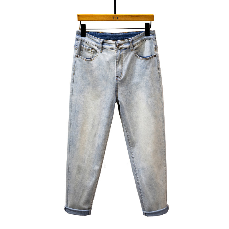 Men's summer new washed jeans, men's loose, simple and versatile elastic cropped pants_voghion.com