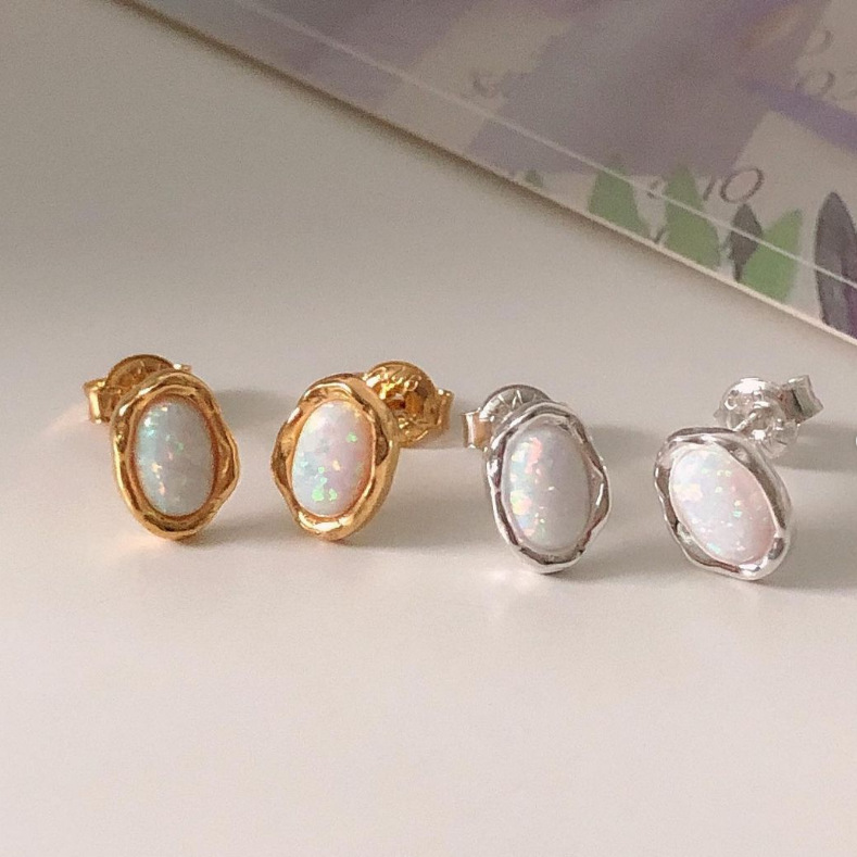 All Seasons Season 1 Pair 18K Gold Plated 925 Sterling Silver Opal Stone 925 Sterling Silver Earrings Oval Ear Studs