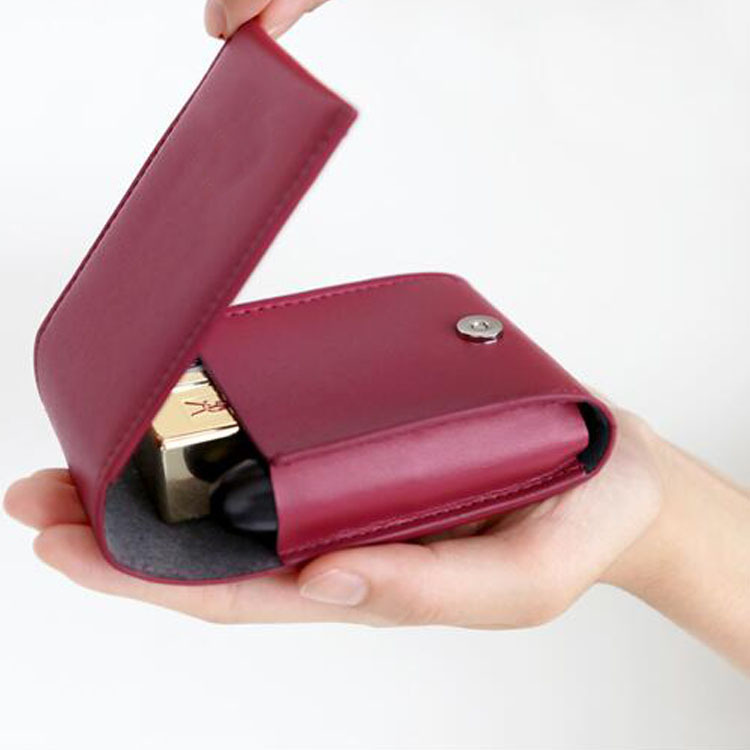 工厂直销皮革翻盖带镜子的口红收纳盒 补妆方便 大容量口红袋