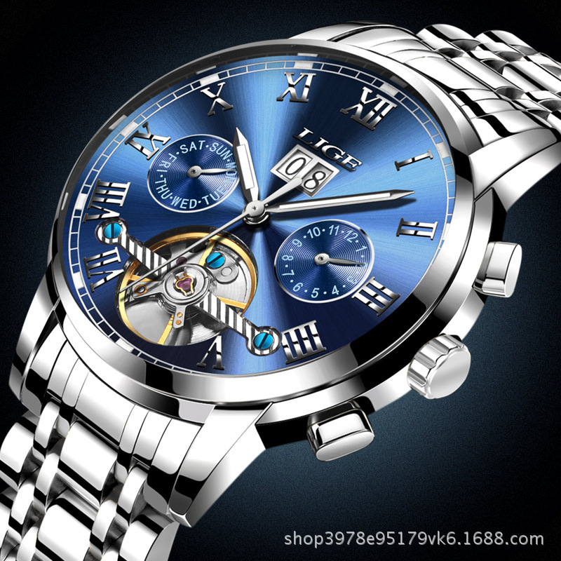 LIGE 9813 caliente-venta hueco transparente Tourbillon multifunción reloj mecánico automático correa de acero reloj de hombre