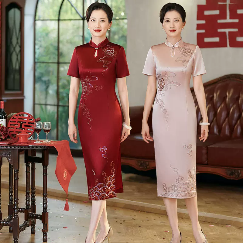 短袖妈妈旗袍礼服订婚喜婆婆婚宴装2025新款高端刺绣醋酸锻旗袍夏