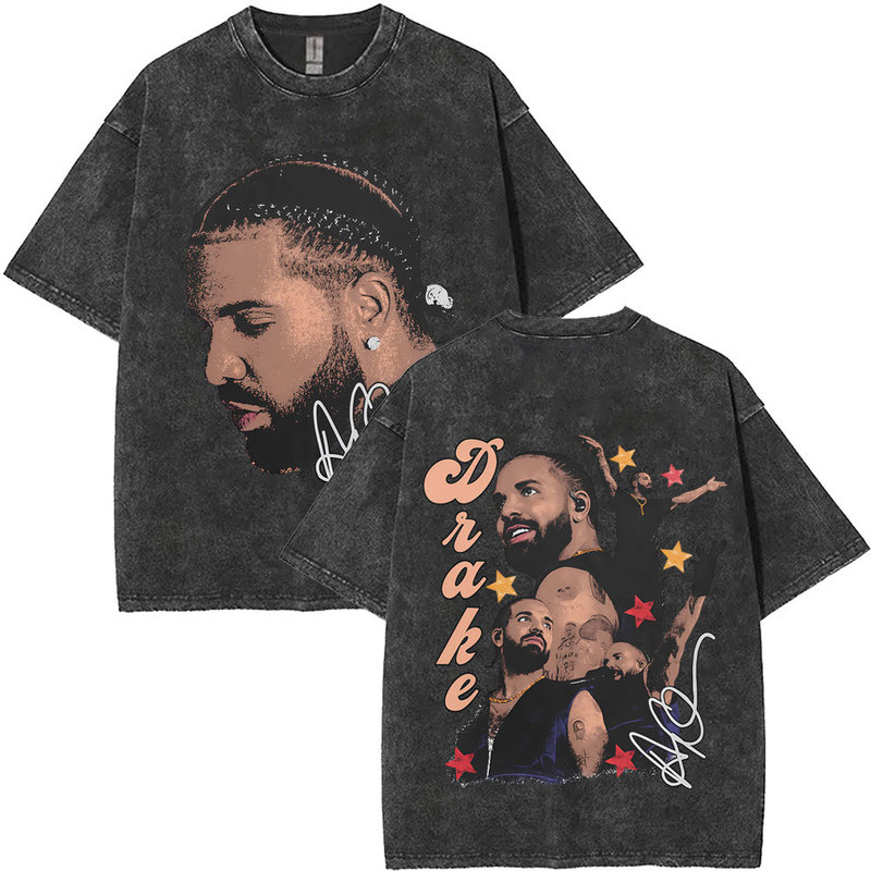 Washed Vintage Rapper Drake Face Graphic T-Shirt for Men and Women Hip-Hop Fashion Pop Music T-Shirt for Men