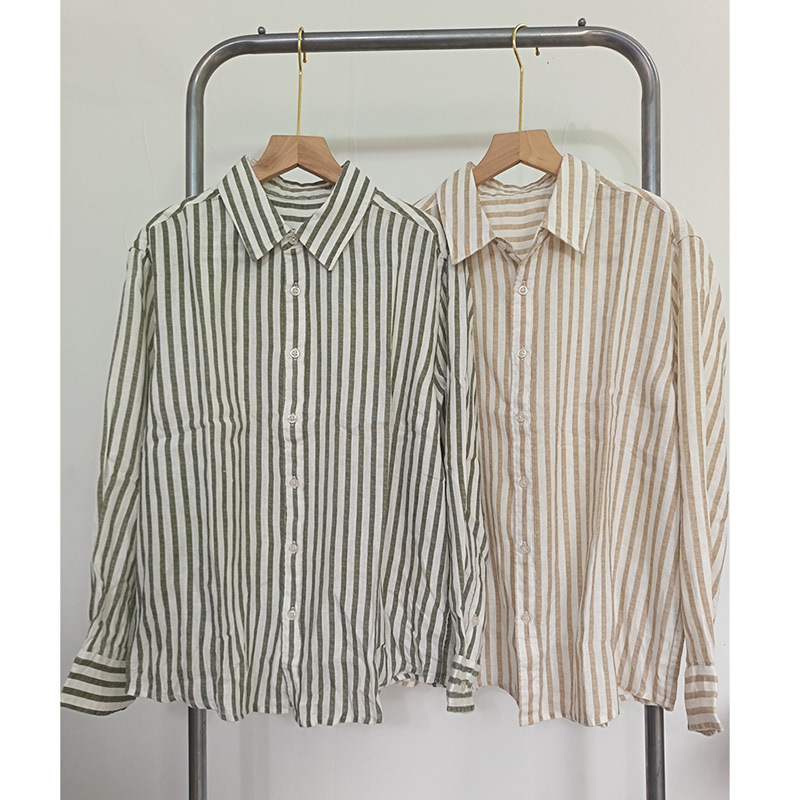 25 Years Early Autumn Classic Striped All-Linen Shirt, Long-Sleeve Loose Simple Versatile Relaxed Linen Cardigan for Women
