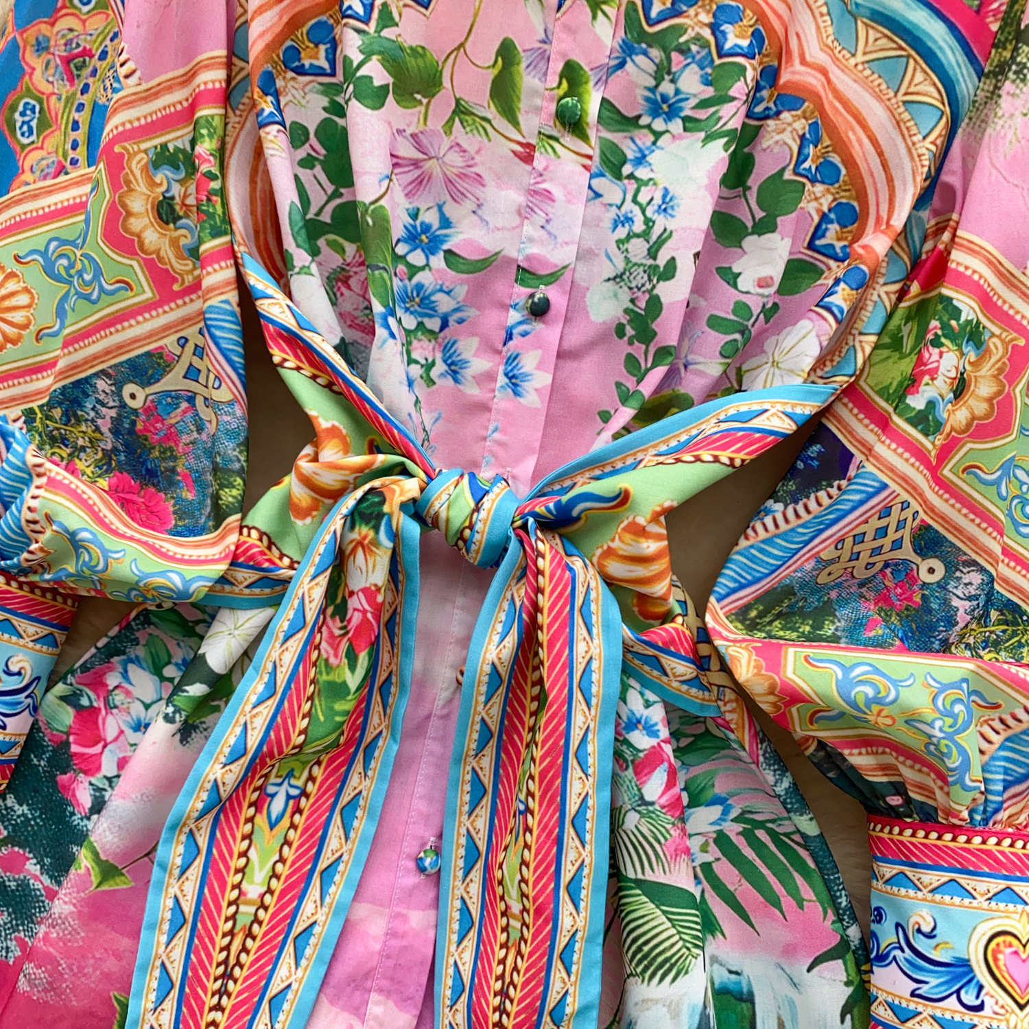 Women's Bohemian Print Dress Korean Style Long Sleeve Shirt Collar Tie Waist Cinching a Line Skirt for Vacation Summer_ecoleips.com