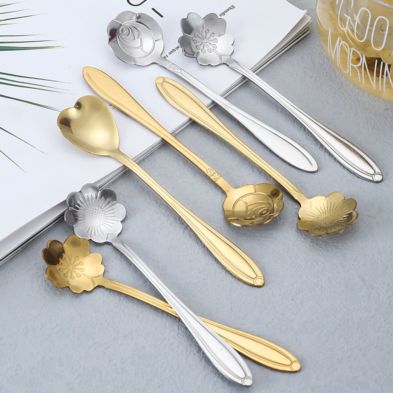 Cuchara de acero inoxidable Oro creativo Rose flor de cerezo cuchara agitación taza postre cuchara de café Nido de pájaro cuchara de miel