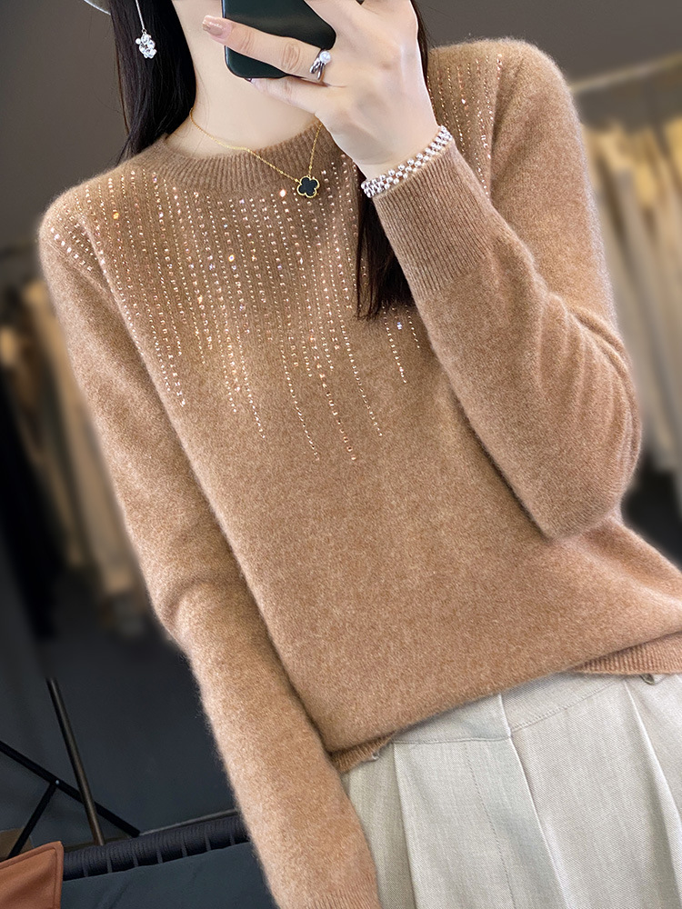 Ropa de primera línea sin costuras 2023 otoño e invierno nuevas mujeres cuello redondo Jersey de manga larga con lentejuelas camisa de fondo de punto Andy Velvet