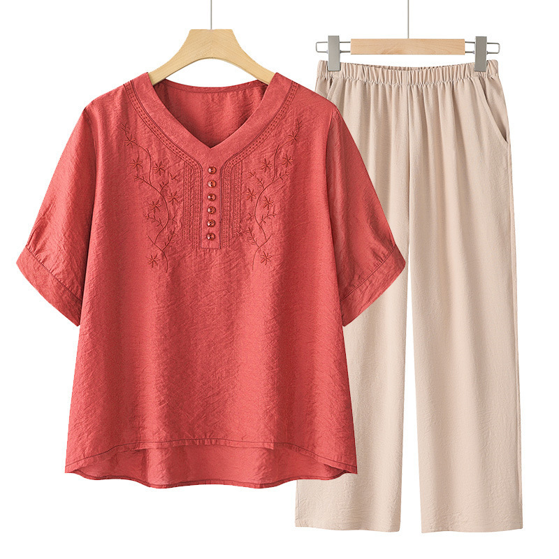 Tencel Linen Suit for Women, Embroidered Short-Sleeve T-Shirt, 2026 Summer New Style, Middle-Aged Mom Outfit, Two-Piece Set with Pants and Top