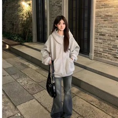 【仿华棉复合】设计感高街灰色连帽高领开衫卫衣女宽松气质百搭外