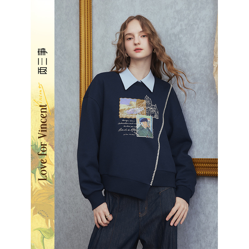 Van Gogh Artistic Youth Collection 2025 Autumn New Printed Patch Embroidery Asymmetrical Hem Sweatshirt for Women Van Gogh Artistic Youth Collection 2025 Autumn New Printed Patch Embroidery Asymmetrical Hem Sweatshirt for Women