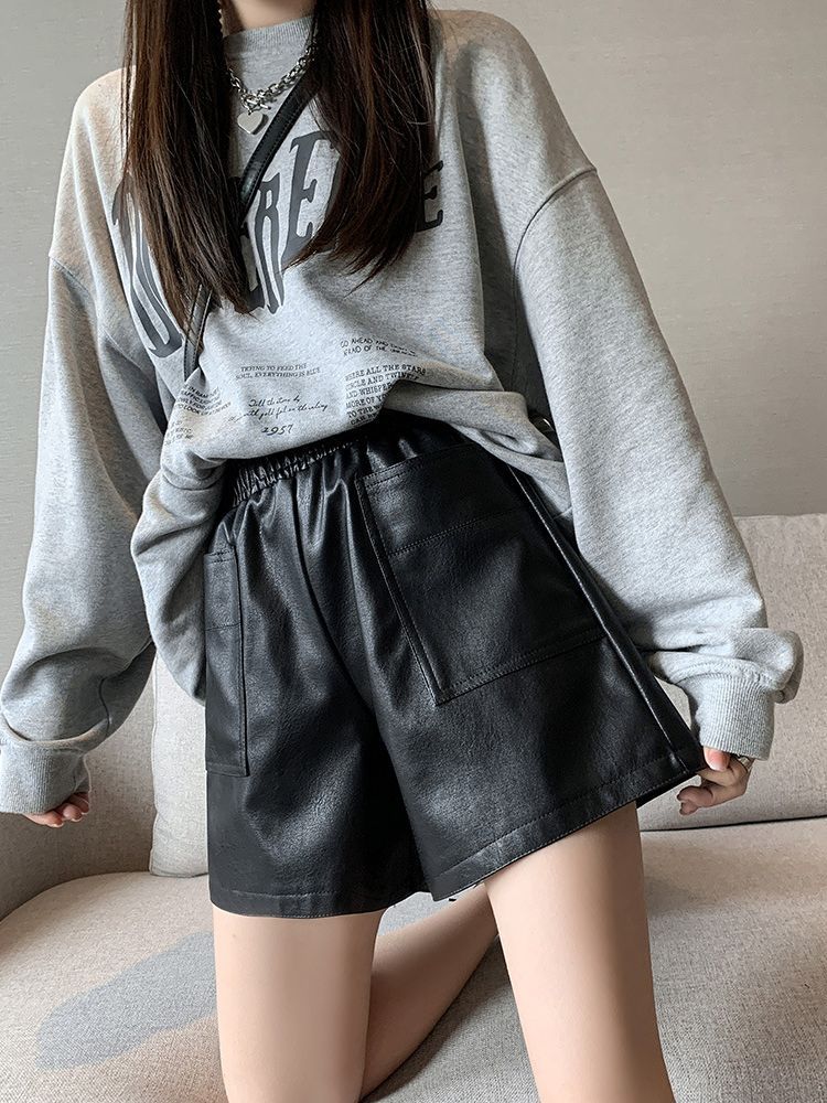 レザーショーツレディースアウターウェア2024秋冬新作PU大きいサイズカジュアルパンツゆったりワイドレッグスリムハイウエストレギンスブーツパンツ