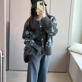 高级感撞色提花防水貂绒针织开衫女2025秋冬新款韩系百搭毛衣外套