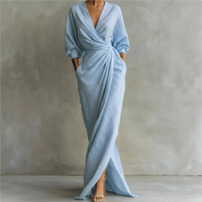 2026 New European and American Amazon Independent Site Elegant Solid Color V-Neck Long Sleeve Slit Waist-Cinching Pocket Long Dress
