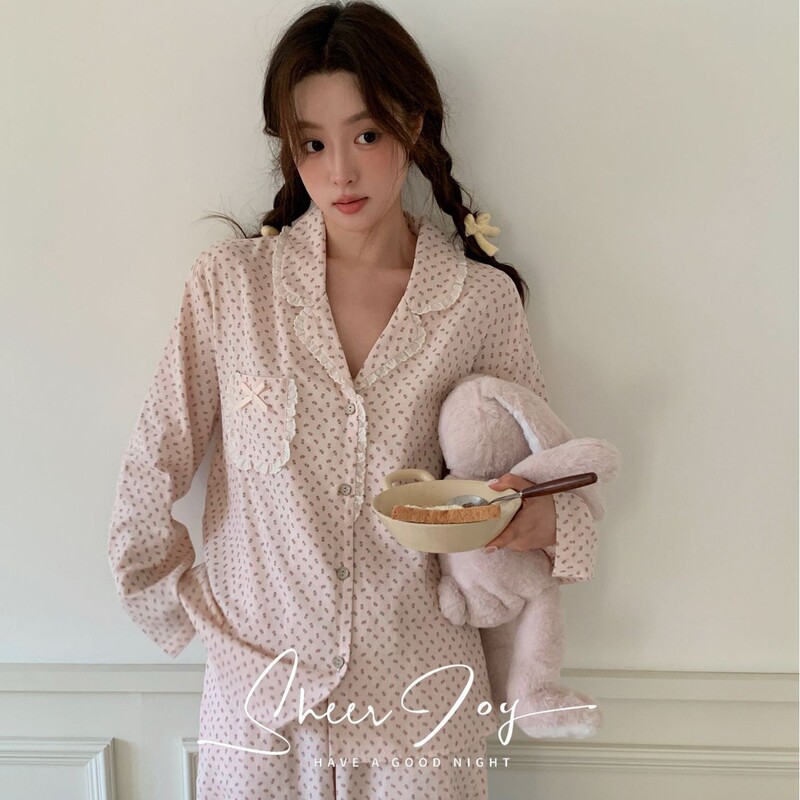 Autumn New Korean Style Floral Lace Pure Cotton Double-Layer Gauze Autumn Women's Pajamas Long-Sleeved Long Pants Lychee Milk White