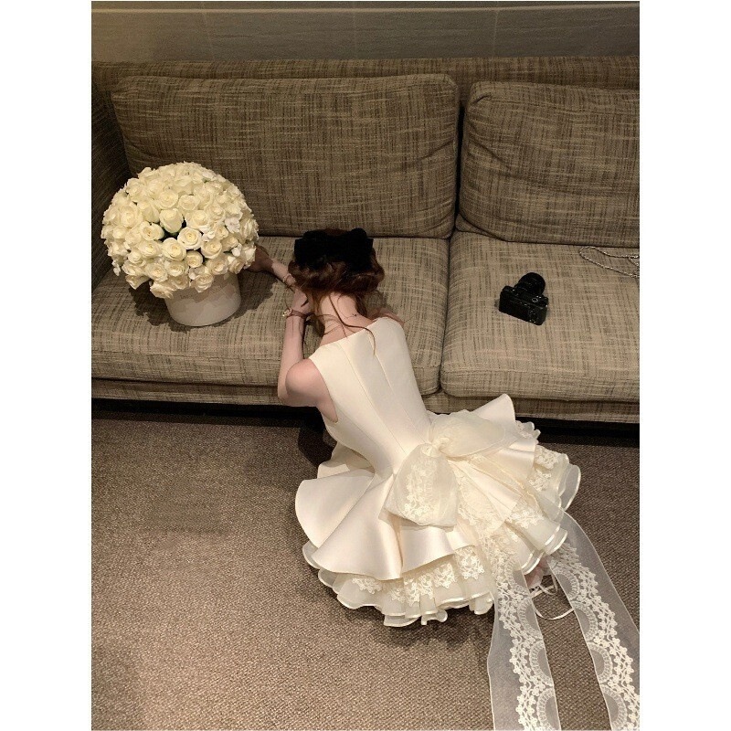 Chisansansan 26/Ss Paris Love Letter Heavy Craftsmanship! Zhao Lusi's Same Style Jor*A Layered Large Bow Dress