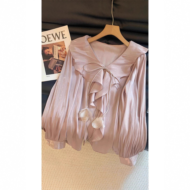 French High-End Ruffled Long-Sleeved Large-Size Shirt for Women, New Spring Style Loose Slimming Look Top A6412