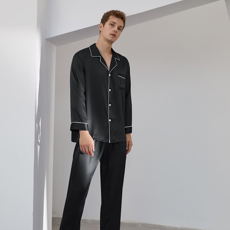 蝶刺繍シルクパジャマ男性長袖ズボン2点セットシルク家庭服100% 绢糸パジャマセット男性|undefined