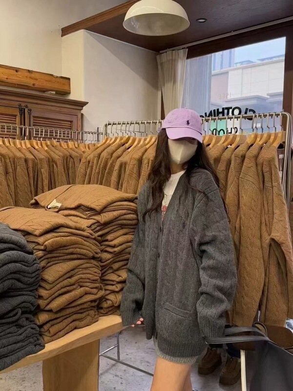 高品质RL拉夫绞花毛衣开衫经典休闲V领小马刺绣宽松百搭针织上衣|undefined