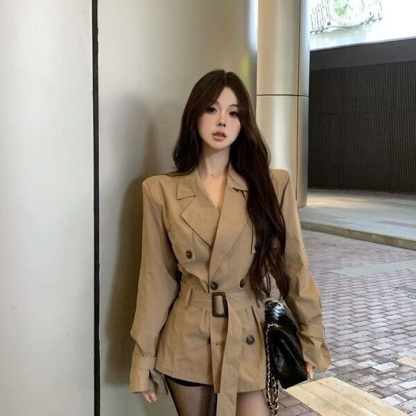 卡其色风衣外套女秋季2025新款长袖修身收腰双排扣中长款外搭上衣|undefined