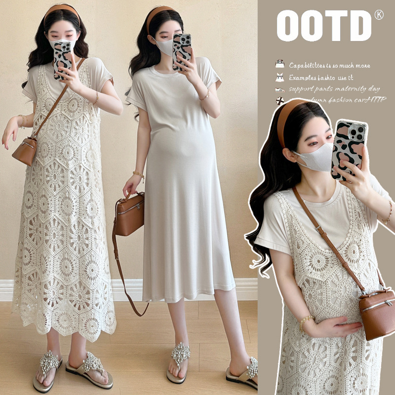 Maternity Summer Fashion New Arrival dress Trendy Mom Loose Flesh-Covering Slimming Lace Elegant Slip Skirt Two-Piece Set