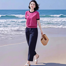 超洋气搭配凉爽遮肉冰丝针织短袖上衣套装2025夏休闲哈伦裤两件套