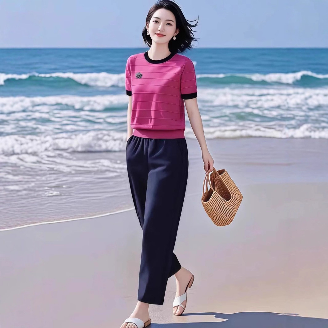 超洋气搭配凉爽遮肉冰丝针织短袖上衣套装2025夏休闲哈伦裤两件套