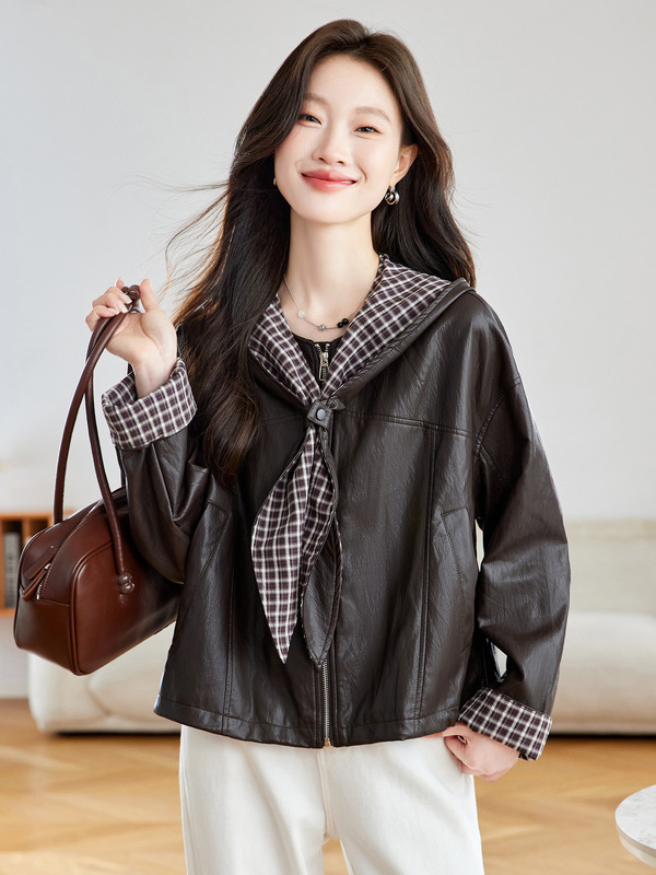 皮衣女2025秋高级感休闲时尚洋气PU外套女连帽披肩可拆卸MZ88891|undefined