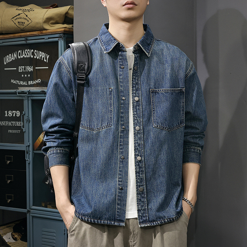 2025 Autumn New Classic Blue Washed Lapel Shirt Men's American Retro Loose Large Size Casual Commuting Jacket