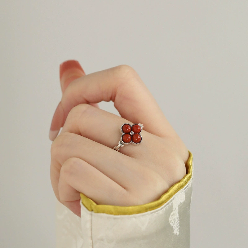 925 Серебряный Клевер Южный Красный Агат Кольцо Женский 2024 Регулируемое кольцо указательный палец высокого класса украшения