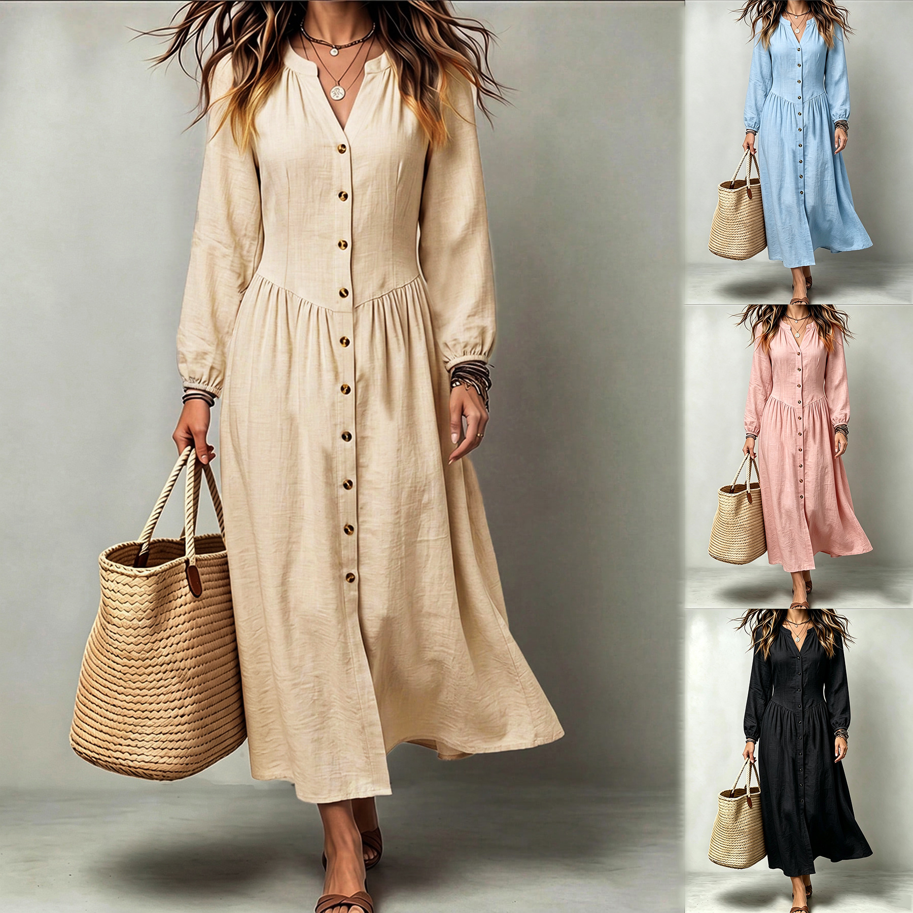 2026 Amazon Bestseller: Stand Collar Single-Breasted Waist-Cinching Long-Sleeve Vacation Maxi Dress