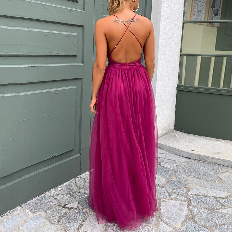 suspender v neck backless solid color mesh chiffon dress NSJLL117221