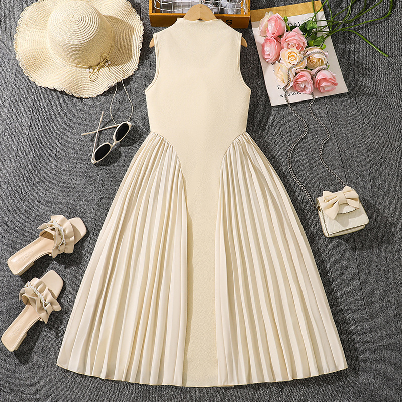 女の子ドレス貿易クロスボーダー子供服夏の新しいスタンドアップカラー気質プリーツステッチノースリーブドレスロングスカート|undefined
