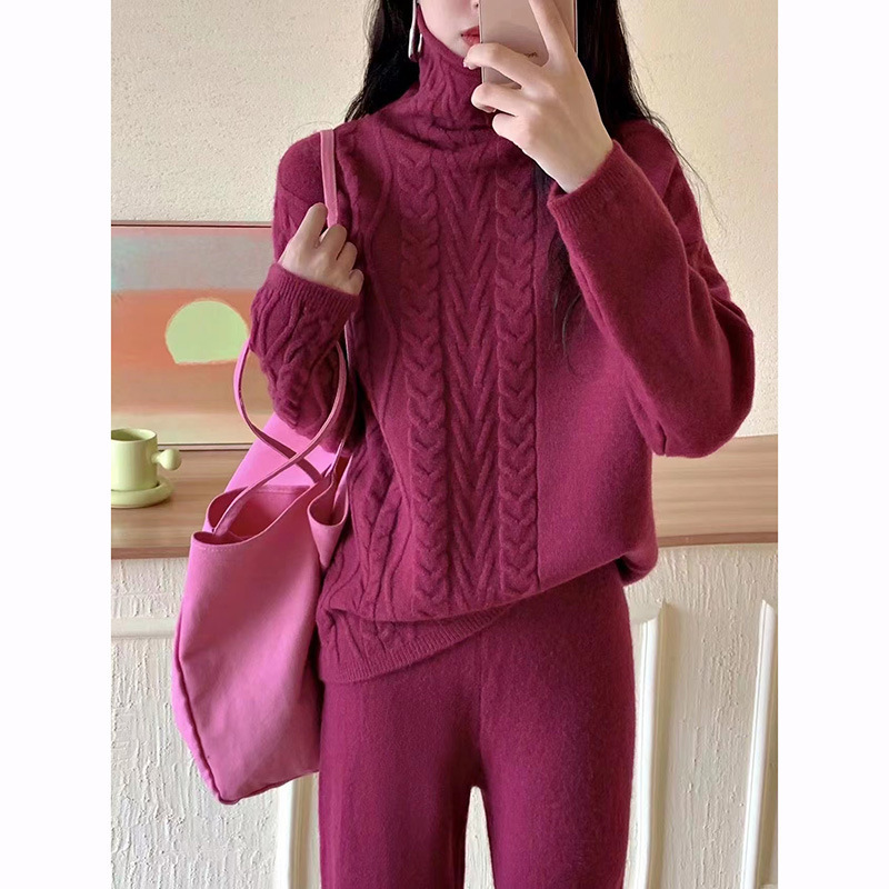 (2개) 하이 칼라 트위스트 와이드 레그 팬츠 2 피스 여성용 2023 가을 및 겨울 새로운 한국 스타일 스레드 게으른 스타일 니트 스웨터
