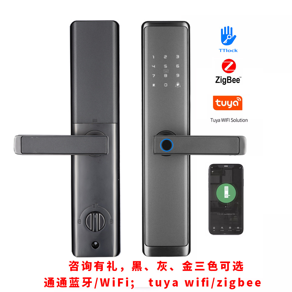 外贸刷卡通通锁wifi半自动智能门锁涂鸦zigbee家用指纹锁密码厂家