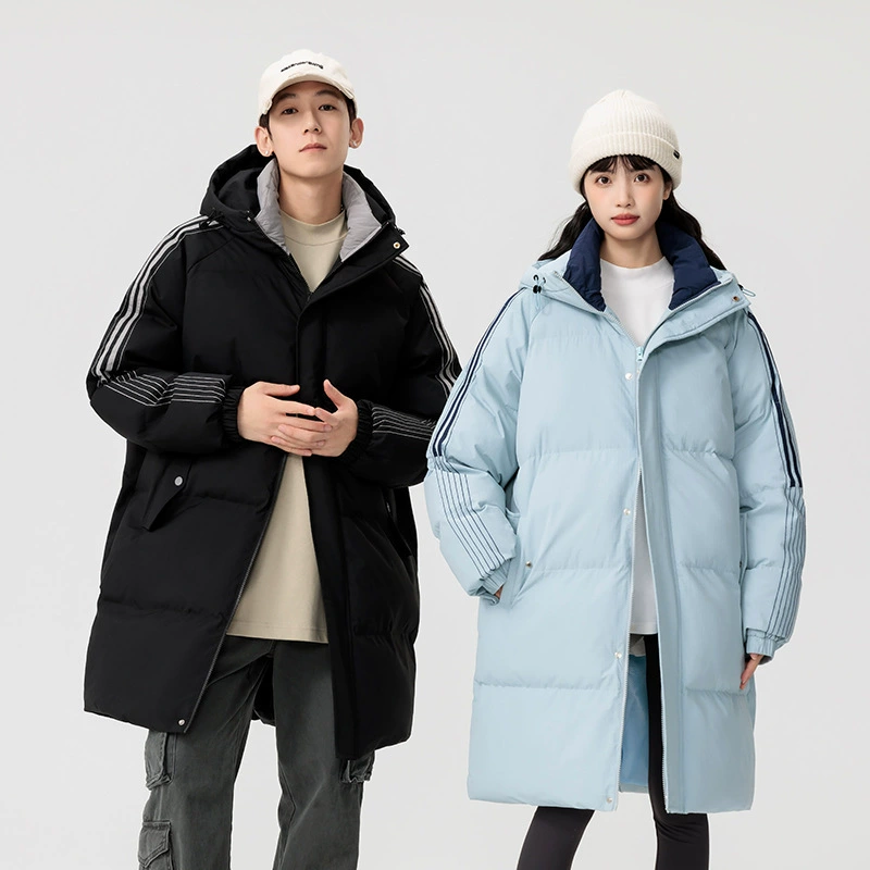 Зимняя крышка с капюшоном средней и длинной утолщенная теплая хлопчатобумажная куртка пара полосатая теплая хлопчатобумажная одежда снаружи