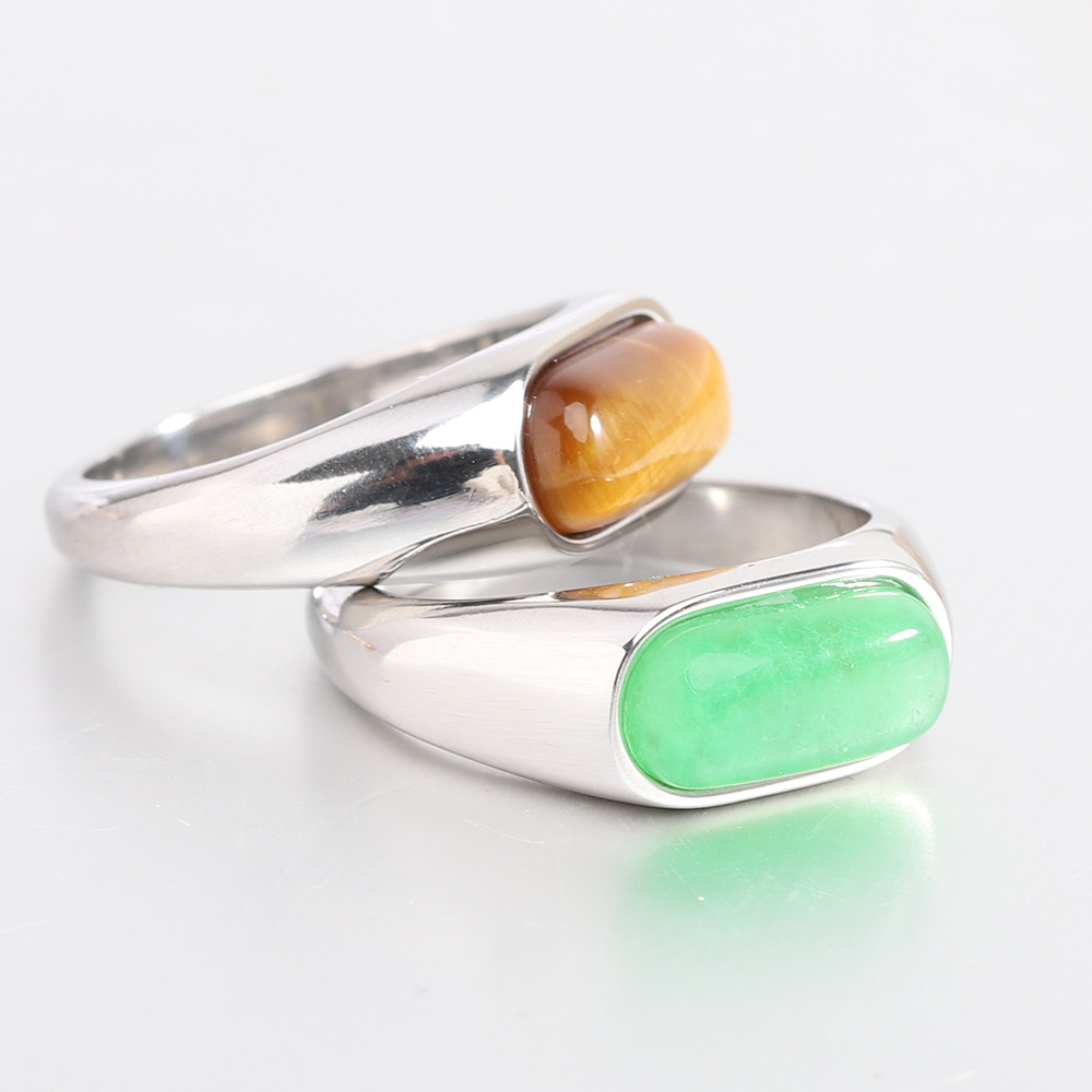 1 Piece Quantity Retro Oval Titanium Steel Natural Stone Rings In Bulk