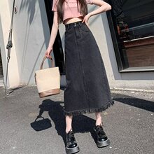 2023年夏季黑色显瘦高腰牛仔半身裙女时尚穿搭遮胯中长款a字裙潮