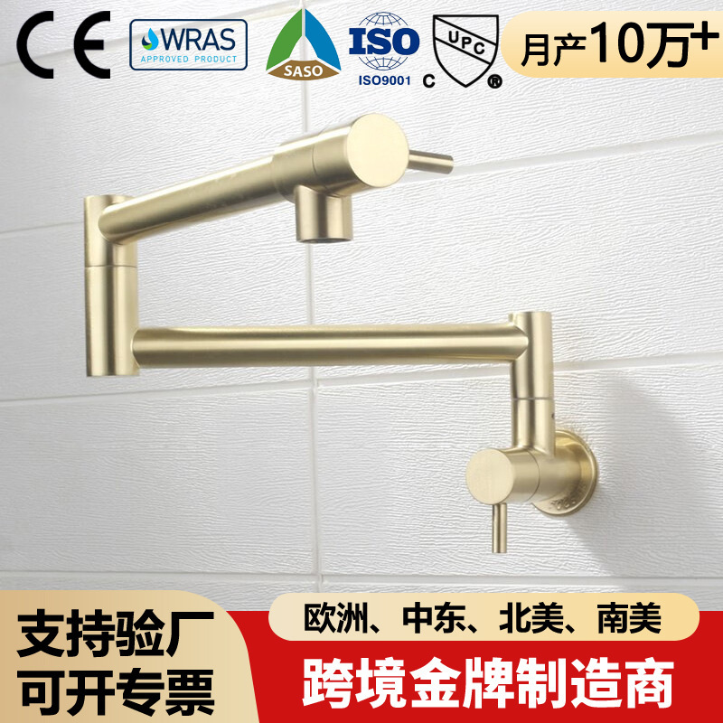 Wall-Mounted Faucet for Kitchen Stove, 304 Stainless Steel, Extendable, Swivel, Dual-Handle, Single Cold Water Faucet