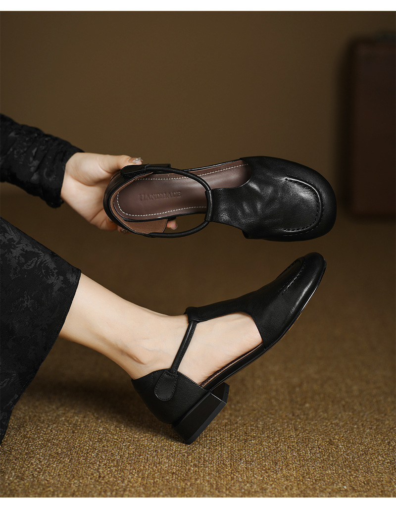 Dép sandal nữ quai ngang mũi tròn đế bằng da bò phong cách retro — màu nâu chi tiết 11