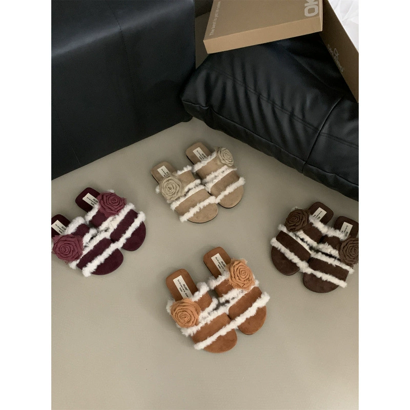 Французские нежные розы шерстяные тапочки женские наружные 2024 новые ретро темперамент хлопчатобумажные тапочки феи