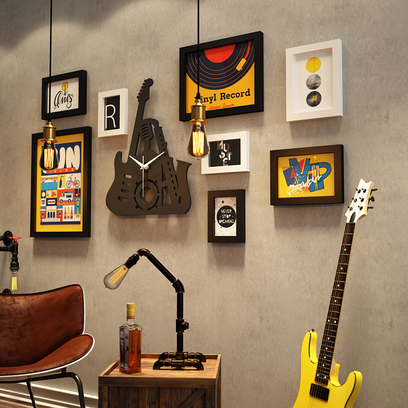 Solid wood_7461 postage retro photo wall bar decorative painting shop photo frame combination can change photos real clocks