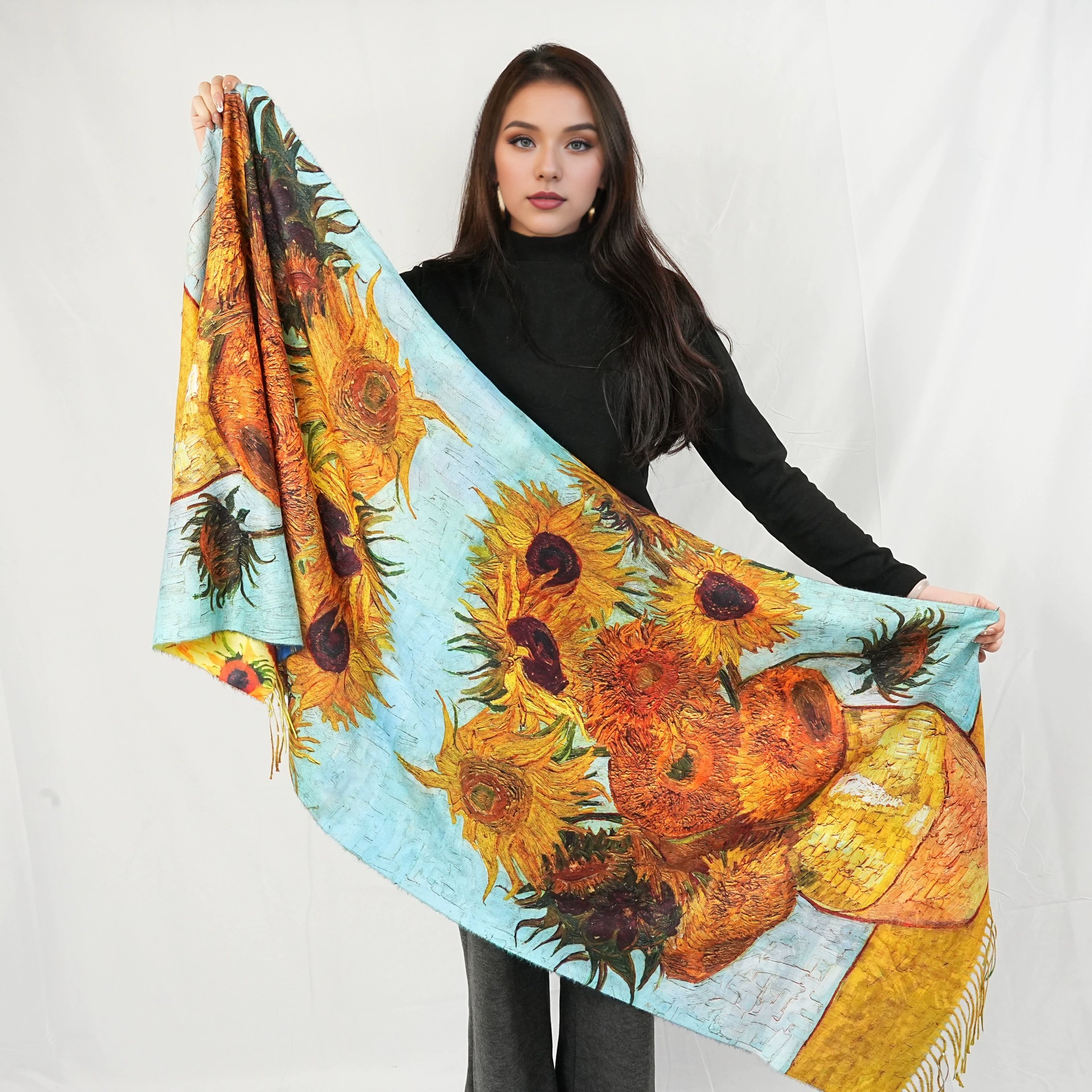 Шаль с цифровой печатью, двусторонний шарф с принтом, имитация кашемира, стиль масляной живописи Ван Гога, производитель, с кисточками