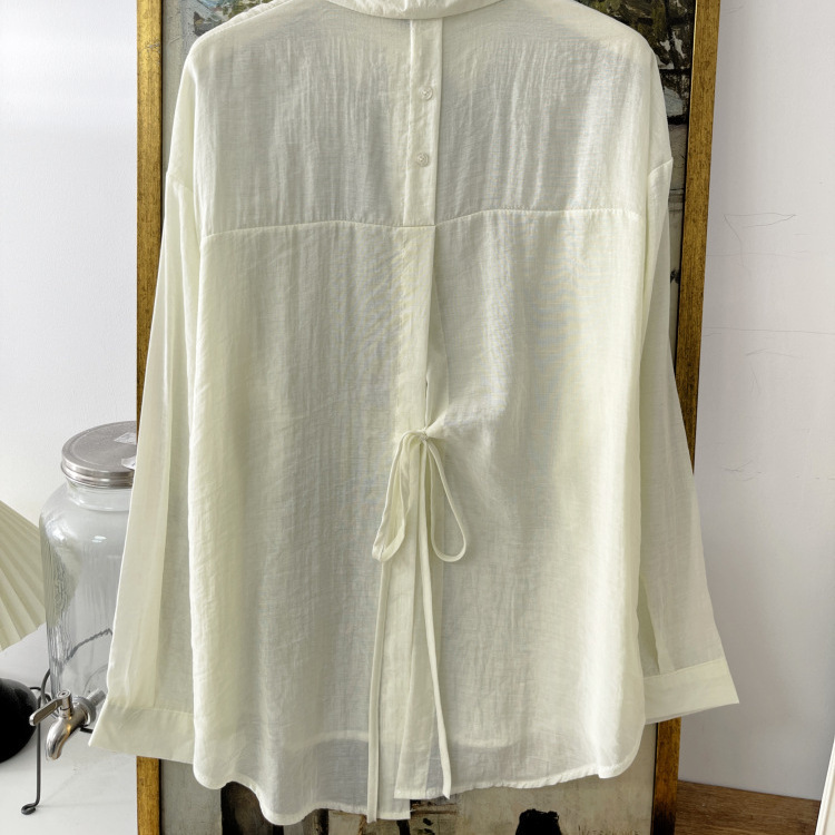 Back Strap Slit Shirt Pure Color Thin Lapel Shirt Sun Protection Long-Sleeved Top Personalized Loose Slimming Look 5543